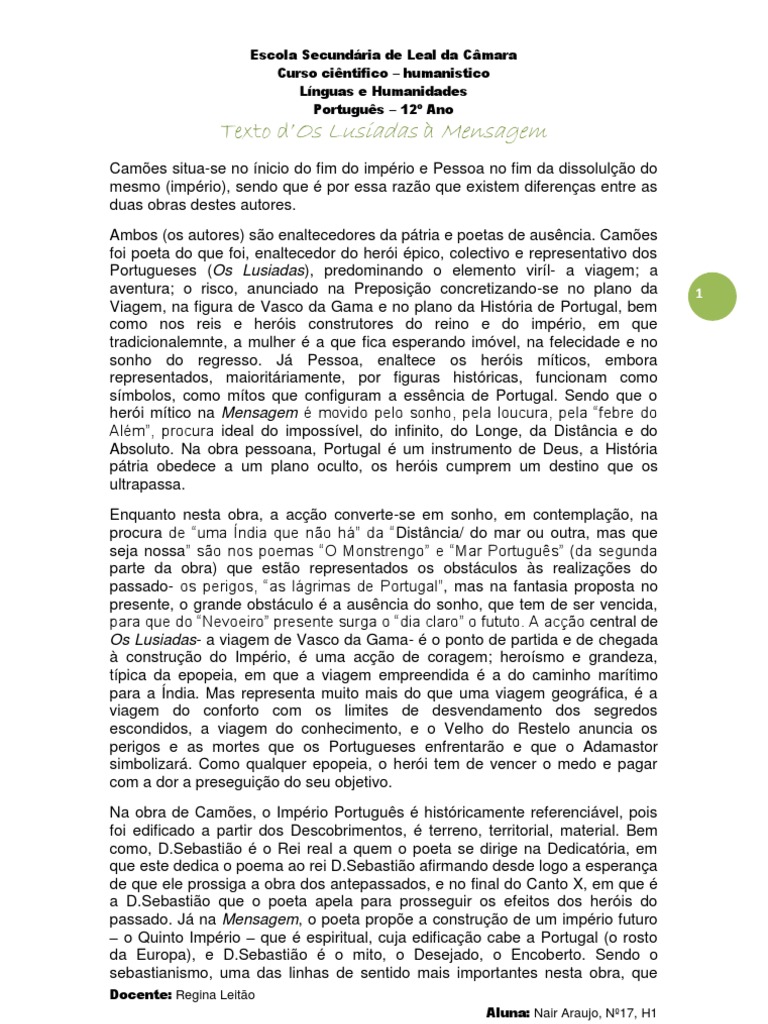 Texto de Portugues Sobre Os Lusiadas e a Mensagem Portugal Ficção e literatura