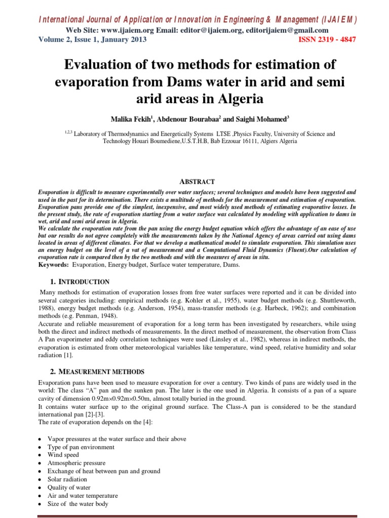 Evaluation of Two Methods For Estimation of Evaporation From Dams Water ...