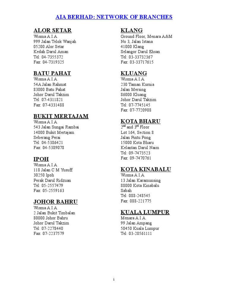 Aia Berhad Network Of Branches Pdf