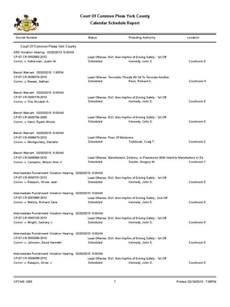 York County Court Schedule For Feb. 20 | PDF | Judiciaries | Common Law