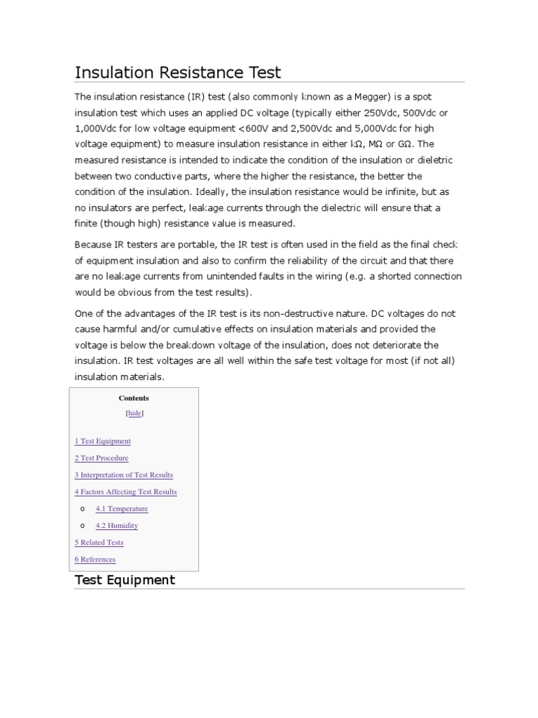 Insulation Resistance Testing Overview | PDF | Insulator (Electricity ...