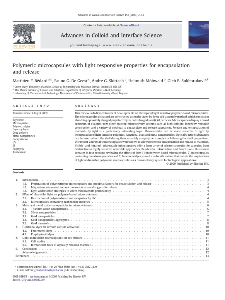 Polymeric Microcapsules With Ligth Responsive Properties For ...