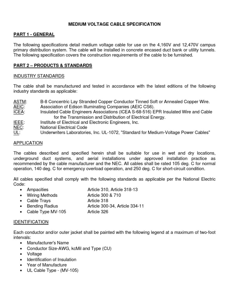 Medium Voltage Cable Specifications UL 1072 | PDF | Cable | Insulator ...