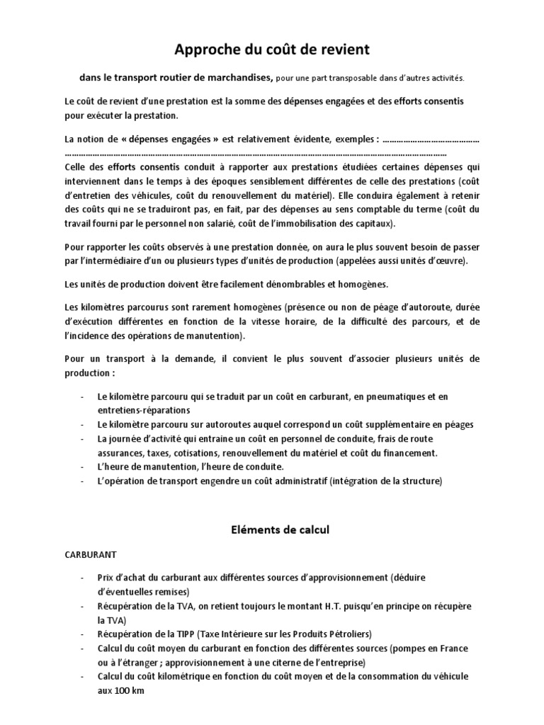 Calcul Cout De Revient Transport Routier Pdf