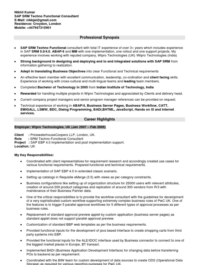resume Sap Srm Consultant Resume resume of nikhil kumar sap srm techno functional se interface computing