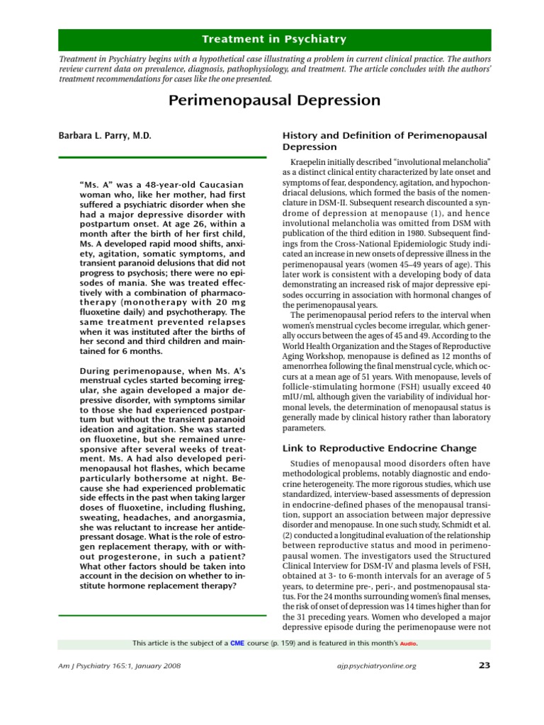 Perimenopausal Depression Barbara L. Parry, M.D PDF Estrogen Major Depressive Disorder