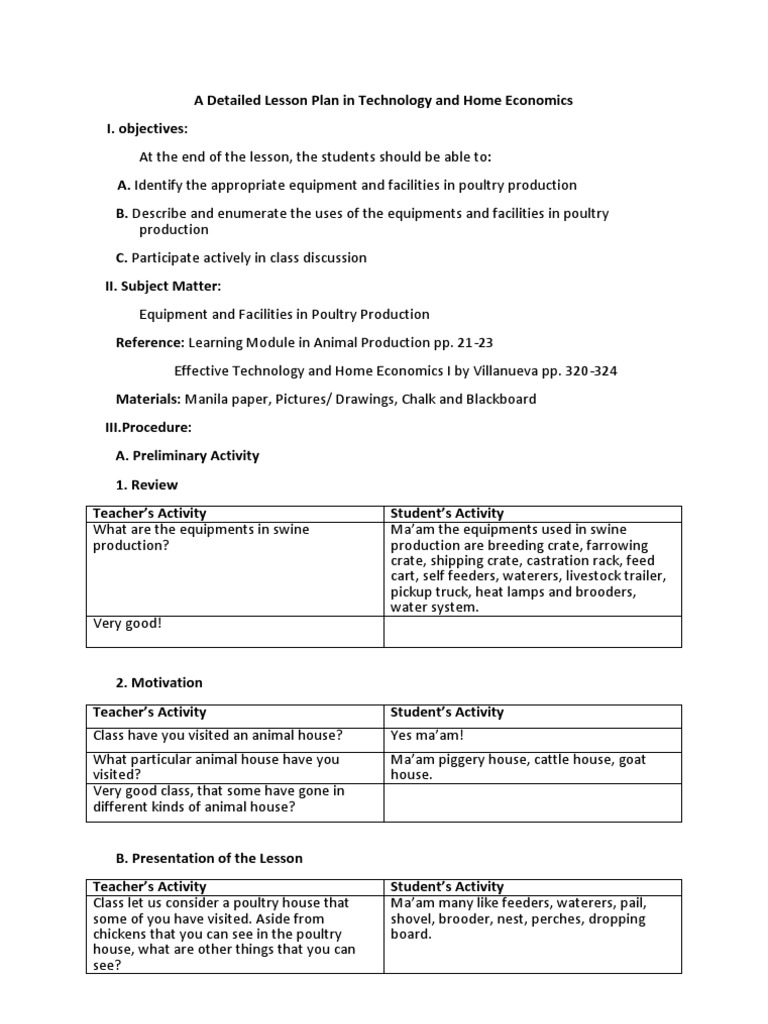 A Detailed Lesson Plan in Technology and Home Economics | Poultry