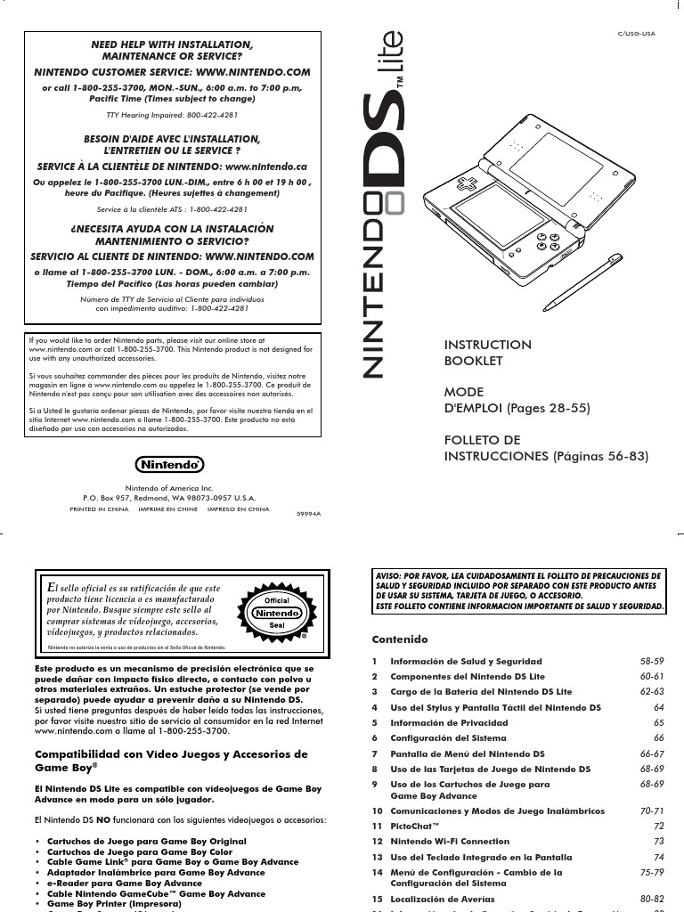 Manual Nintendo DS Lite | PDF | Nintendo | Batería (electricidad)