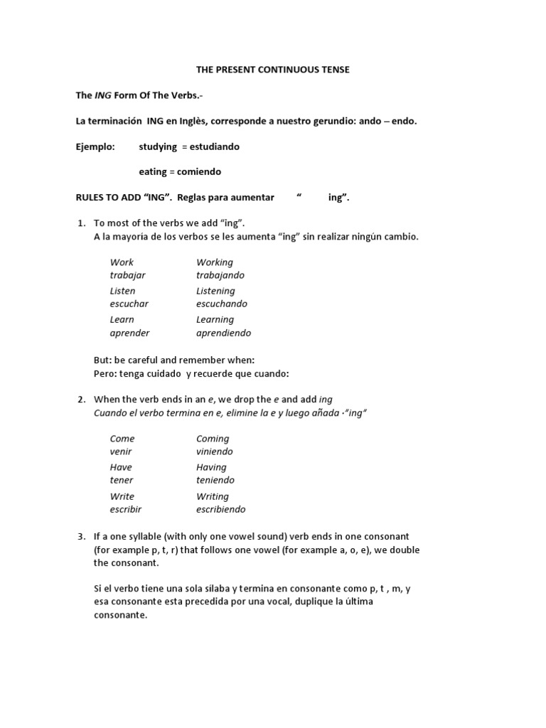 Present Progressive / Presente Progresivo | PDF | Consonant | English ...