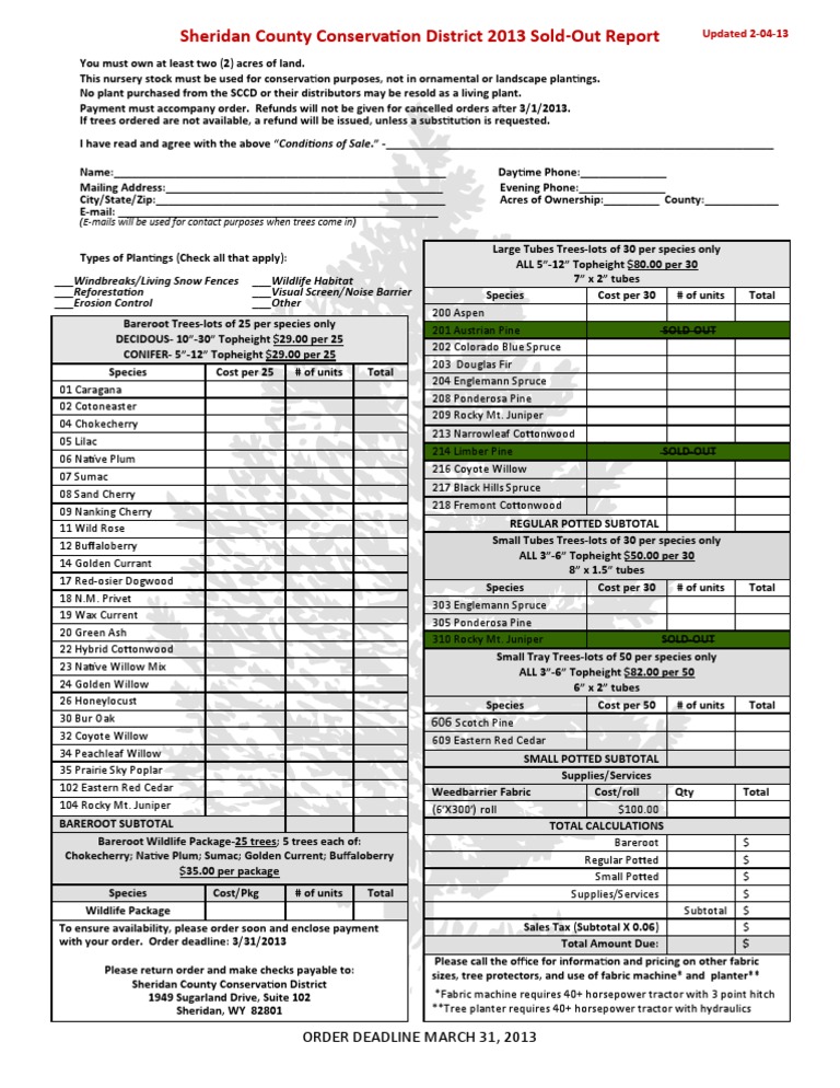 2013 Sheridan County Tree Order Form | PDF | Trees | Organisms