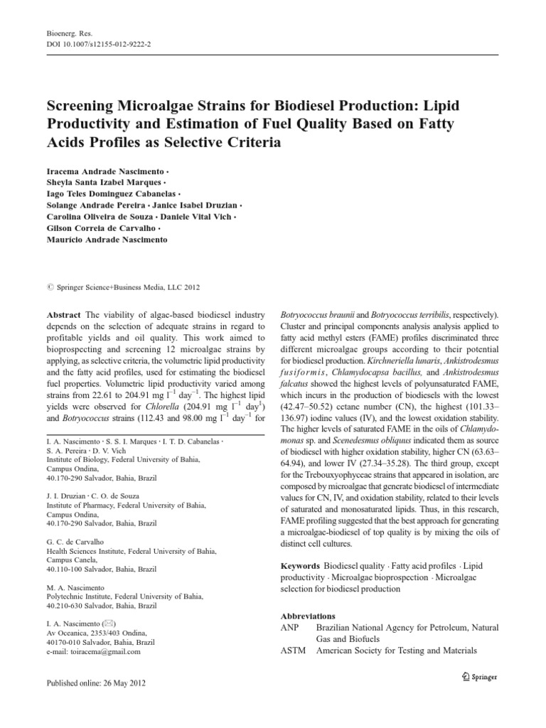Screening Microalgae Biodisel... | PDF | Algae Fuel | Biodiesel