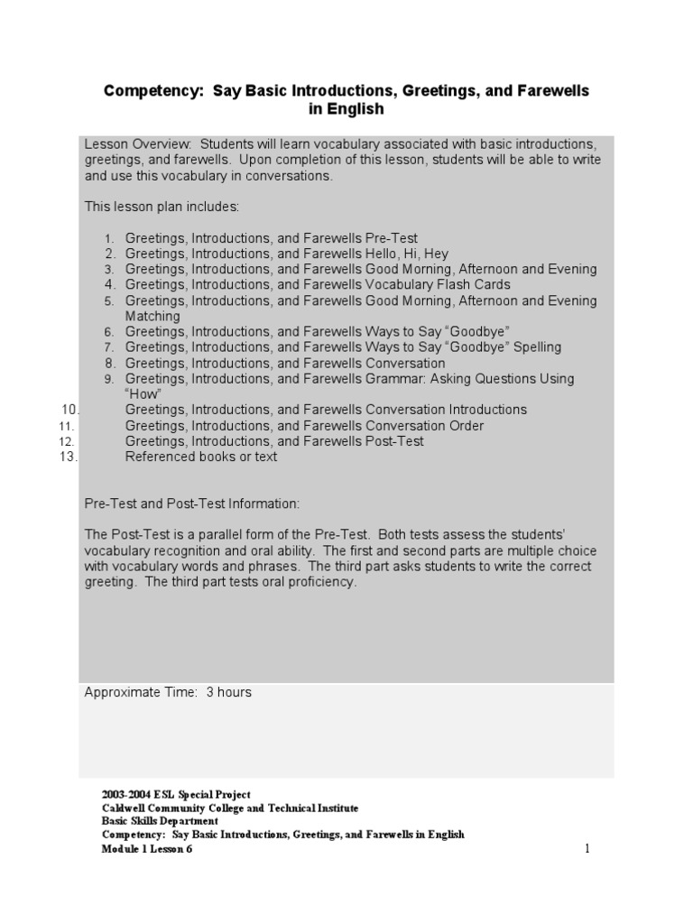 Lessonplan Greetings Intros Farewells | PDF | English As A Second Or ...