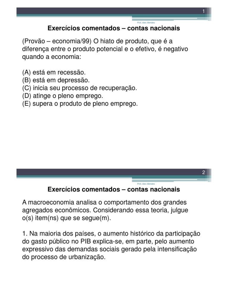 Exercícios sobre Contas Nacionais e Macroeconomia | PDF | Macroeconomia ...