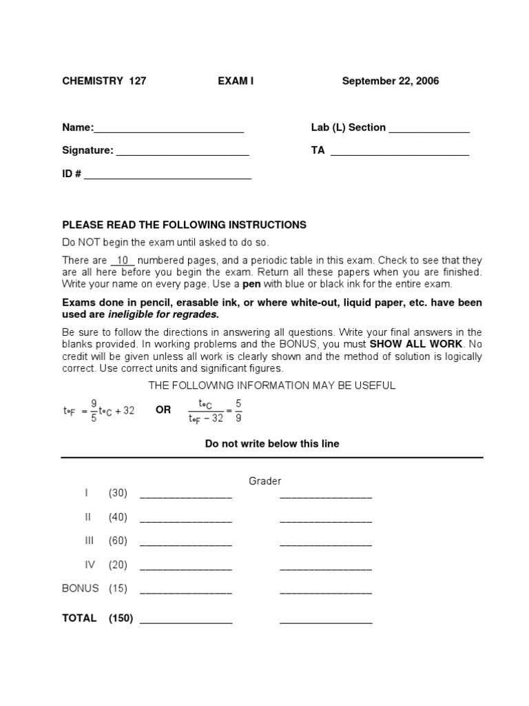 Chem 127 Exam 1 06 | PDF | Mole (Unit) | Density