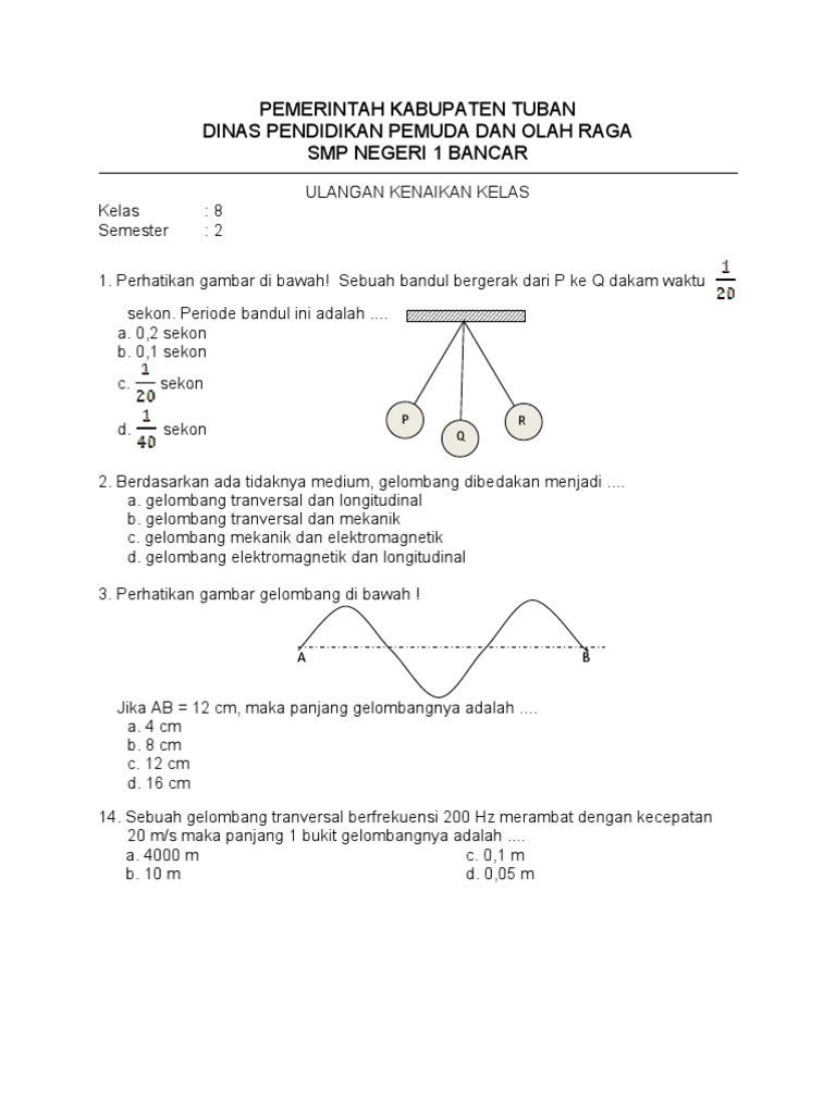 soal Ujian Kenaikan Kelas Fisika SMP kls8 sem2 Paket 2