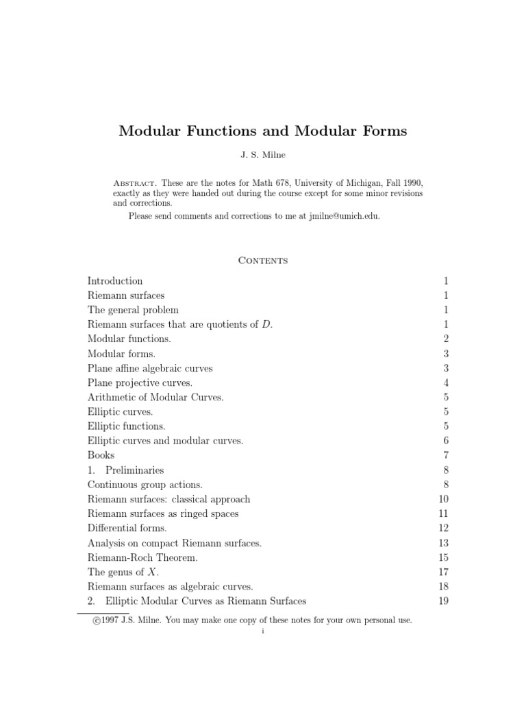 Modular Functions and Modular Forms: J. S. Milne | PDF | Field ...