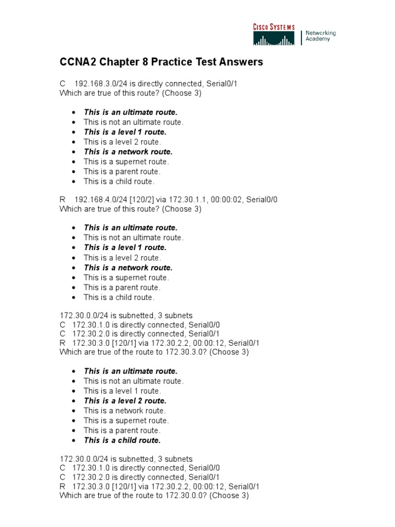 CCNA2 Chapter 8 Practice Test Answers | PDF | Router (Computing) | Ip ...