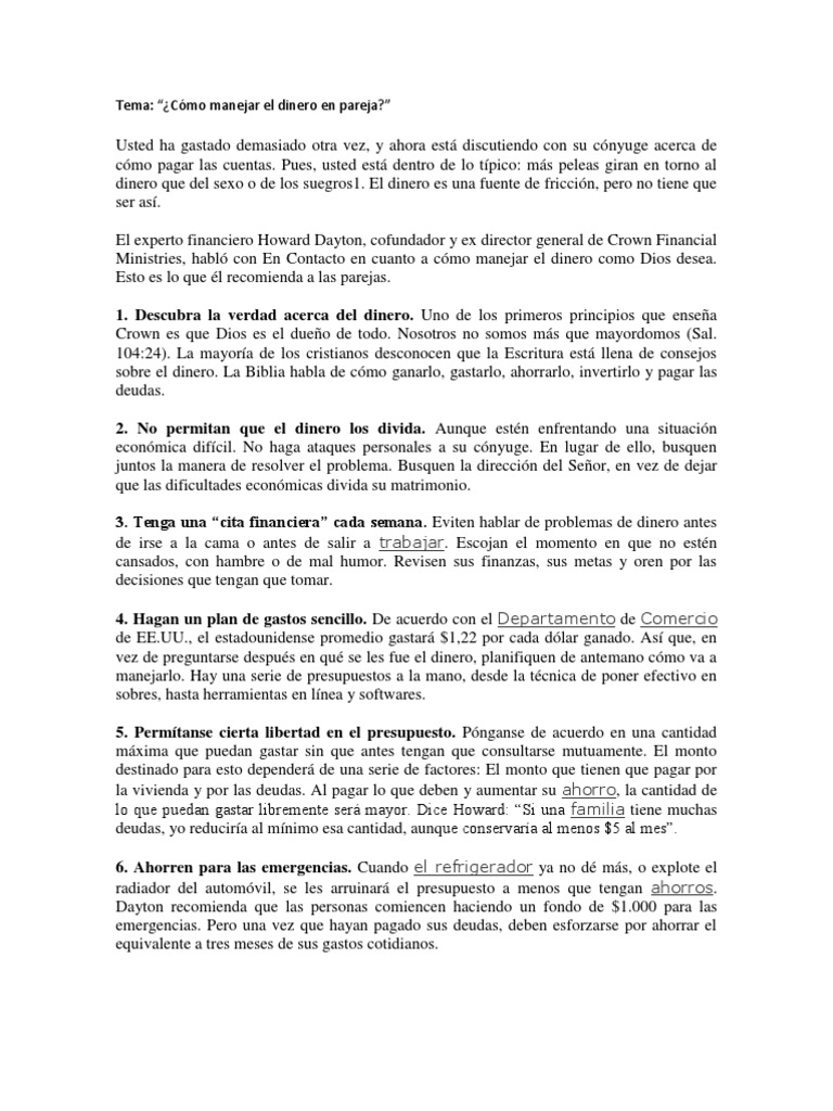 Consejos para manejar dinero en pareja | PDF | Presupuesto | Ahorro