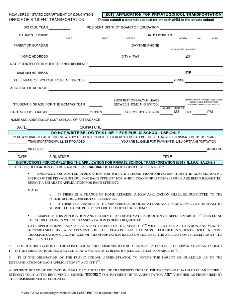 NJ B6T Private School Transportation Form | PDF | State School | Government