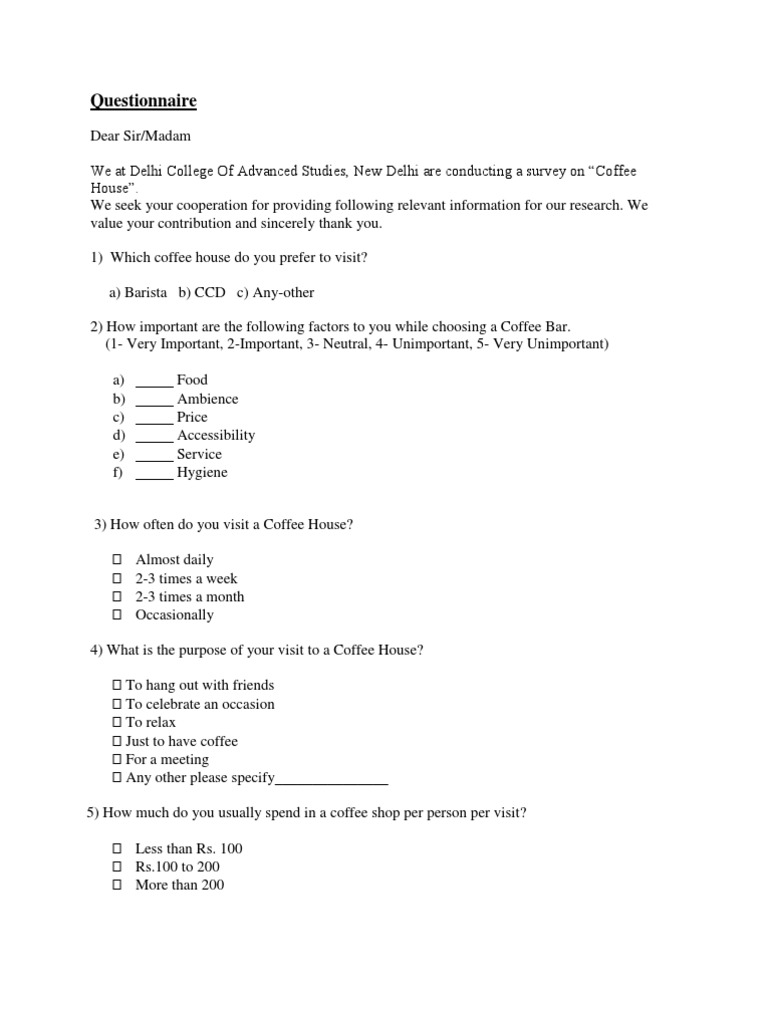 coffee shop business plan questionnaire