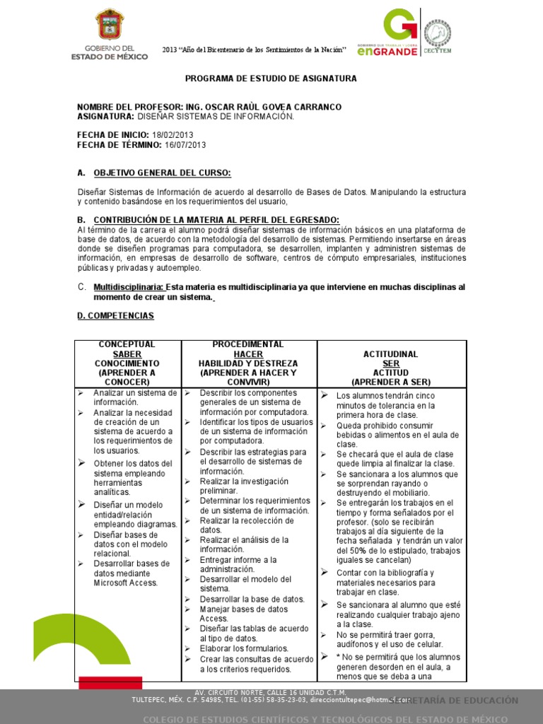 Programa de Estudios Por Asignatura | PDF | Sistema de informacion ...