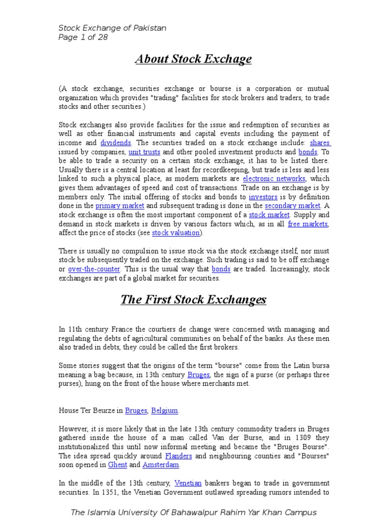 Stock Exchanges Of Pakistan Stock Market Stocks