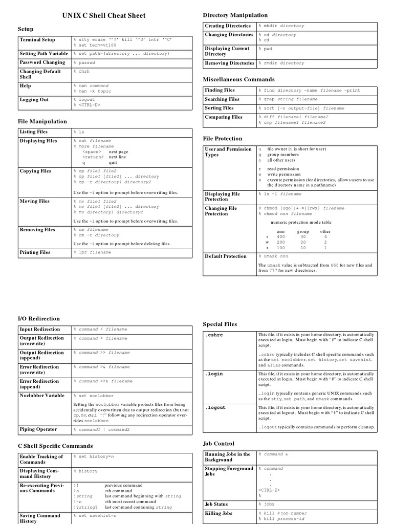UNIX C Shell Cheat Sheet: Directory Manipulation | PDF | Filename ...