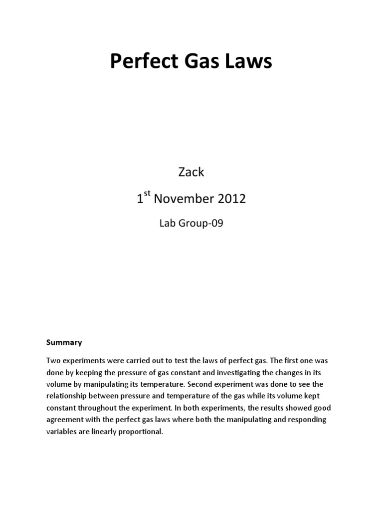 Perfect Gas Law Lab Report Gases Pressure