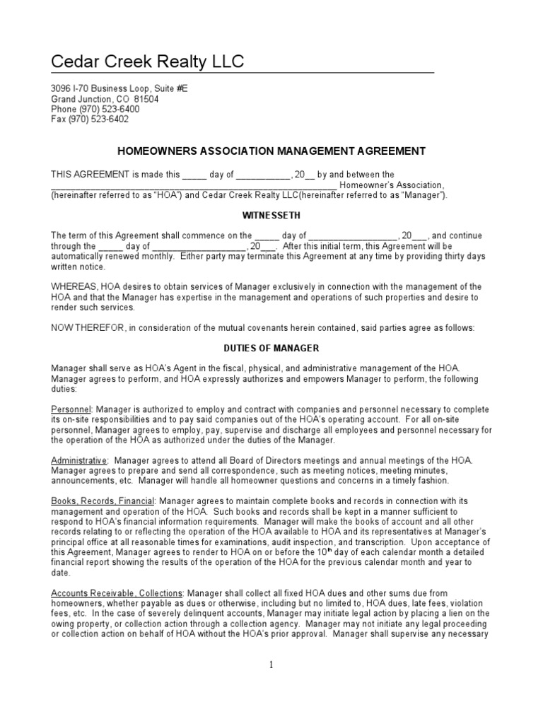 HOA Management Agreement | PDF | Liability Insurance | Indemnity