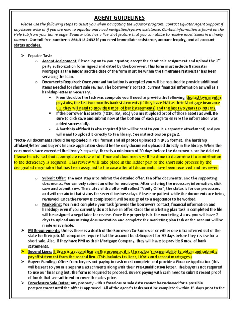 Agent Guidelines For Equator Short Sale PDF Short Sale (Real Estate