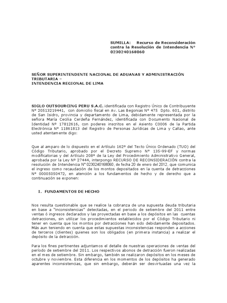 Recurso de Reconsideración Siglo - SUNAT