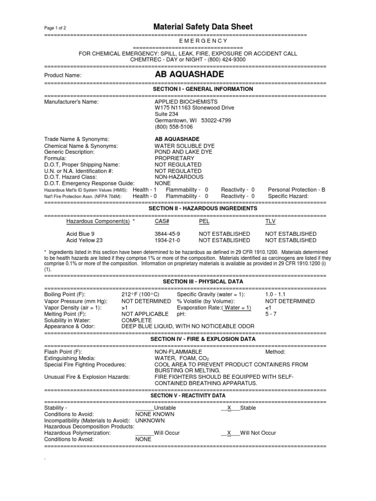 Ab Aquashade Pond Dye Msds Pdf Personal Protective Equipment Hygiene