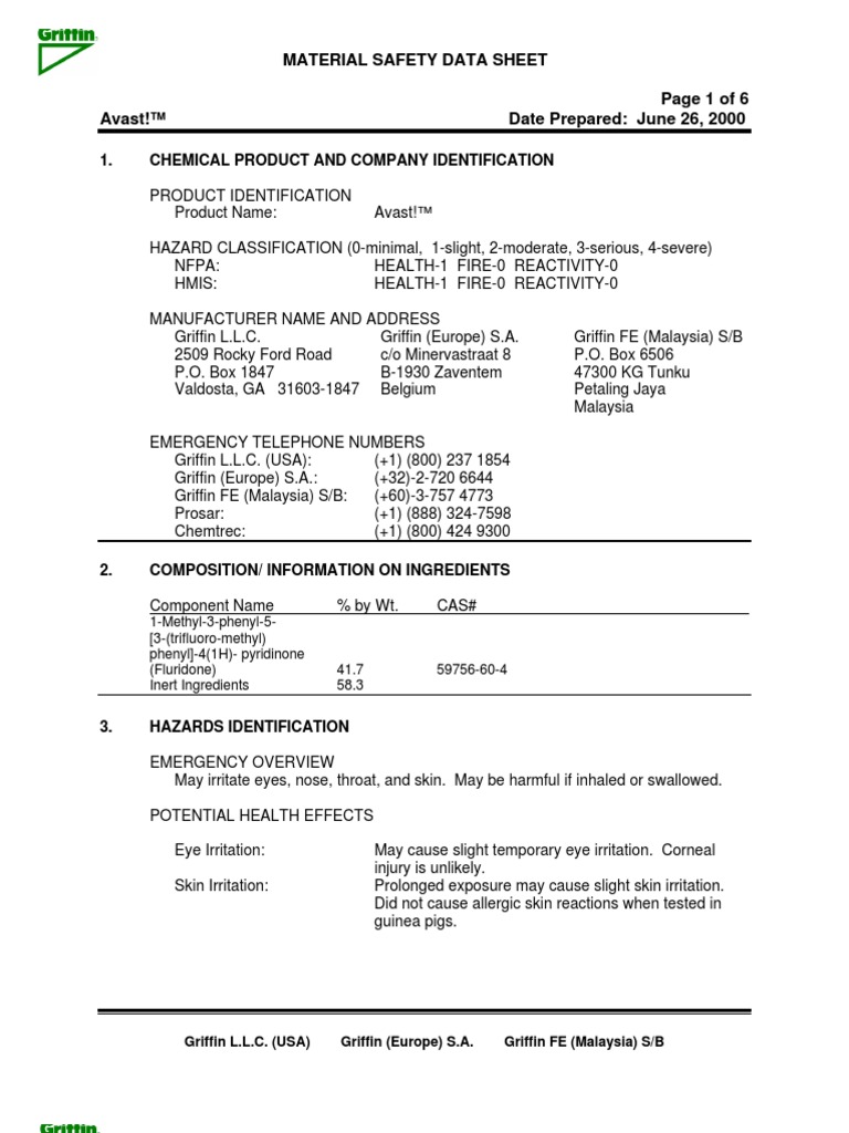 Avast Aquatic Herbicide Msds PDF Superfund Toxicity