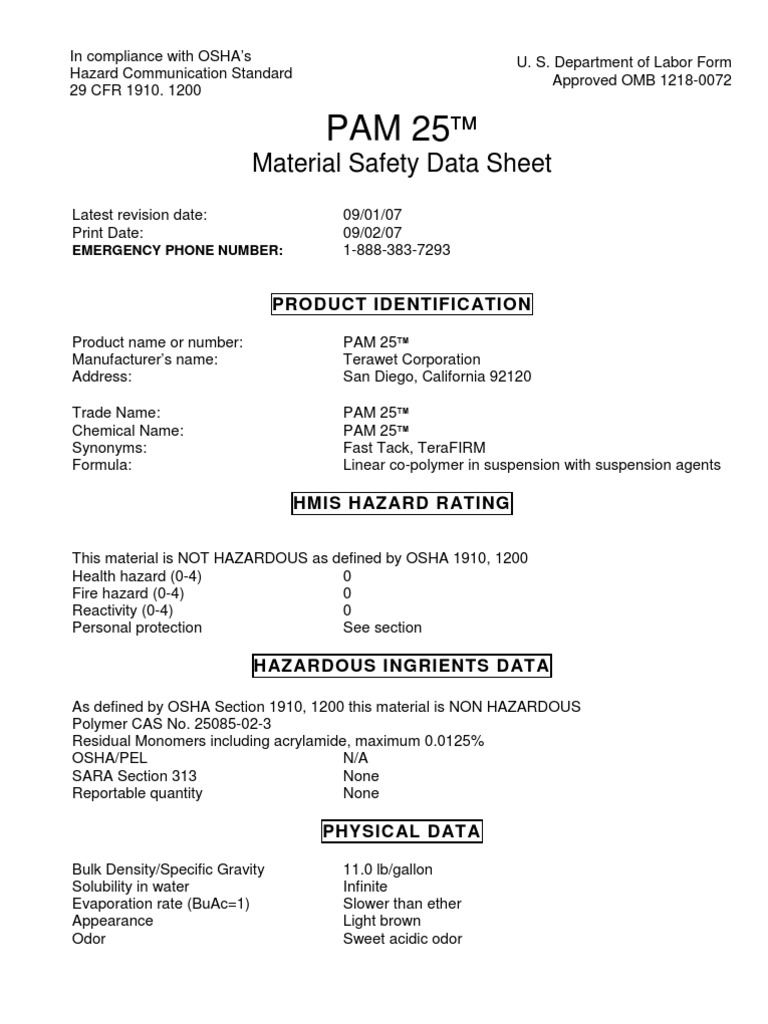 Pam 25 CoPolymer Water Clarifier Msds PDF Occupational Safety And