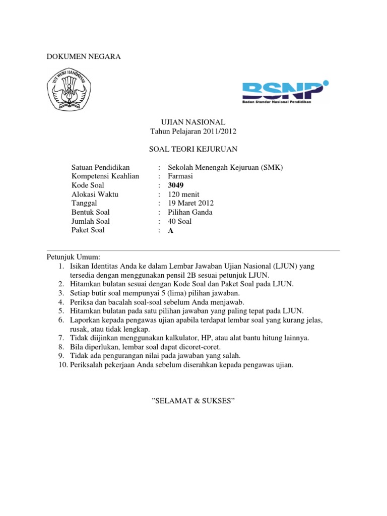 Soal Un Teori Kejuruan Farmasi A 2012