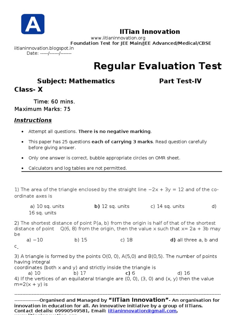 JEE Main/Advanced Math Evaluation Test | PDF | Triangle | Mean