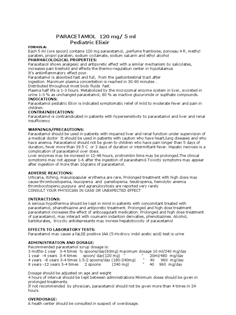 PARACETAMOL 120 MG/ 5 ML Pediatric Elixir Pharmacological Properties