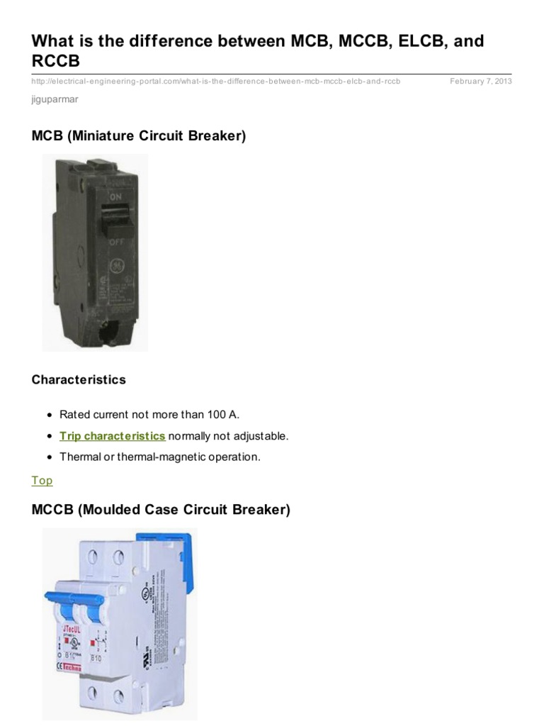 MCB, MCCB, ELCB, RCCB Differences Explained | PDF | Safety | Force
