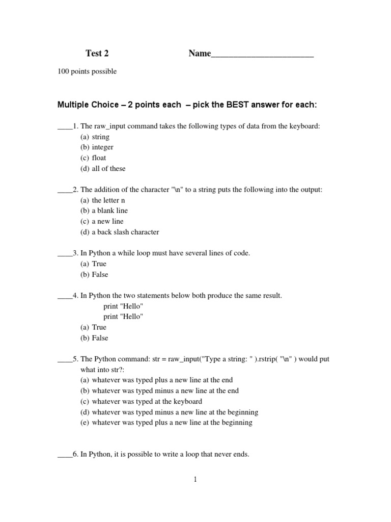 Test 2 Name - : Multiple Choice - 2 Points Each - Pick The BEST Answer ...