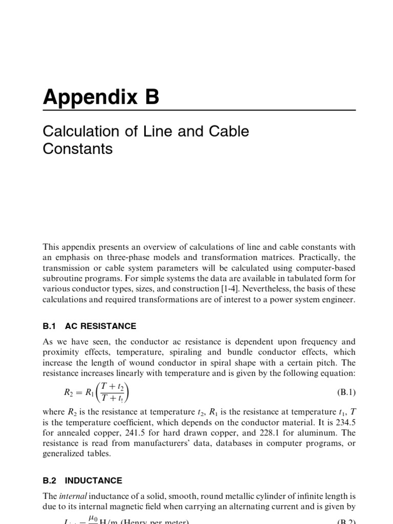 Appendix B: Calculation of Line and Cable Constants | PDF | Electrical ...