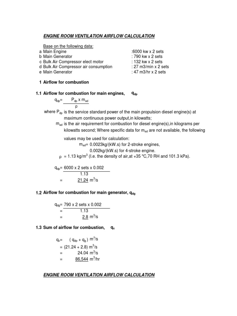 ENGINE ROOM VENTILATION AIRFLOW CALCULATION PDF Engines Watt