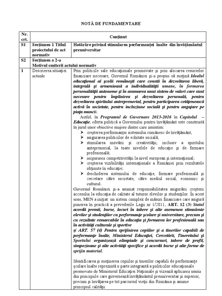 Nota De Fundamentare Perormanta Scolara