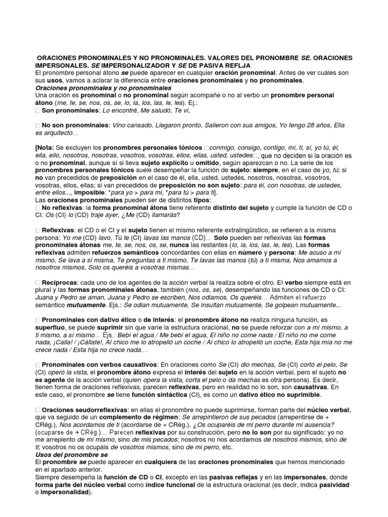 Oraciones Pronominales y sus Usos | PDF | Asunto (gramática) | Verbo