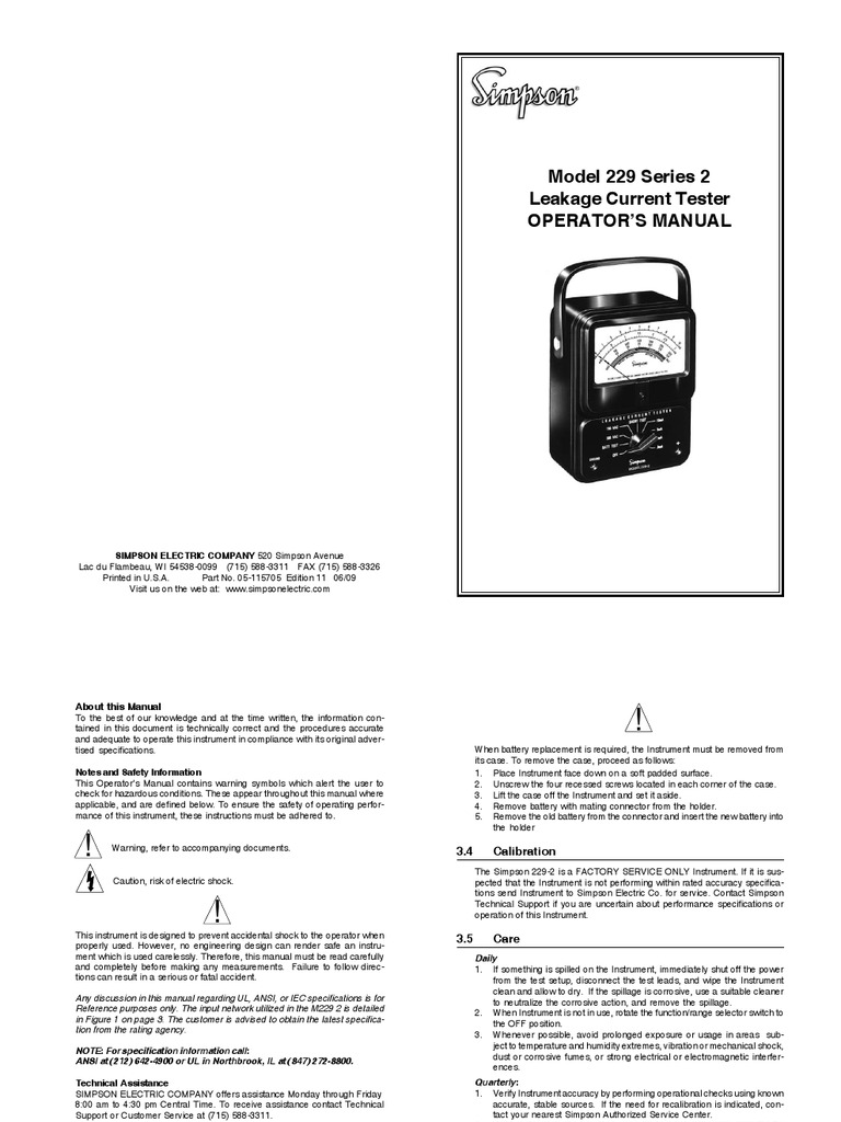 Current Leaking Tester Simpson 2292 Manual PDF Electric Shock
