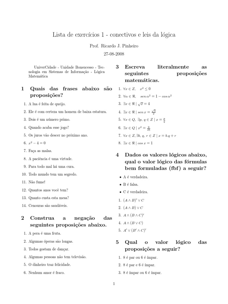 Exercícios de Lógica Matemática | PDF | Lógica matemática | Lógica