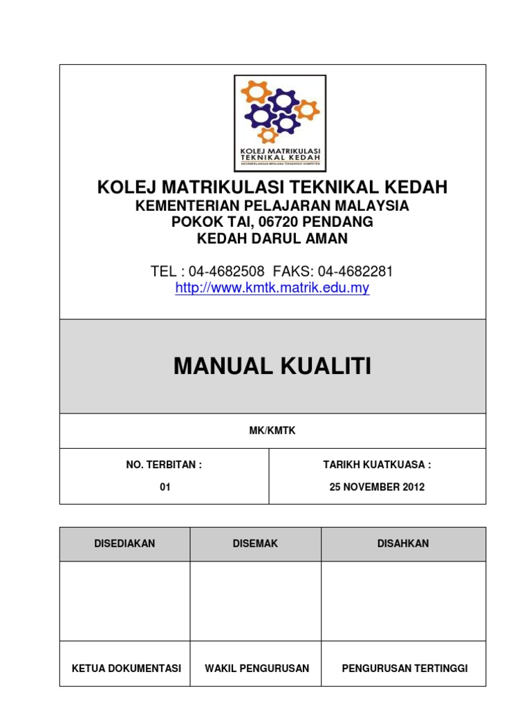Manual Kualiti Kolej Matrikulasi Teknikal Kedah Pdf