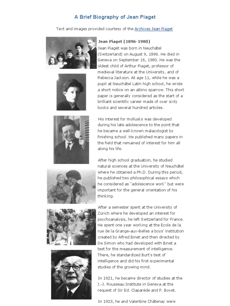 A Brief Biography of Jean Piaget Epistemology Psychological Concepts
