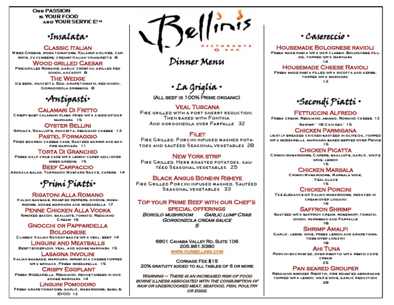 Bellini s Main Menu PDF Italian Cuisine Cooking