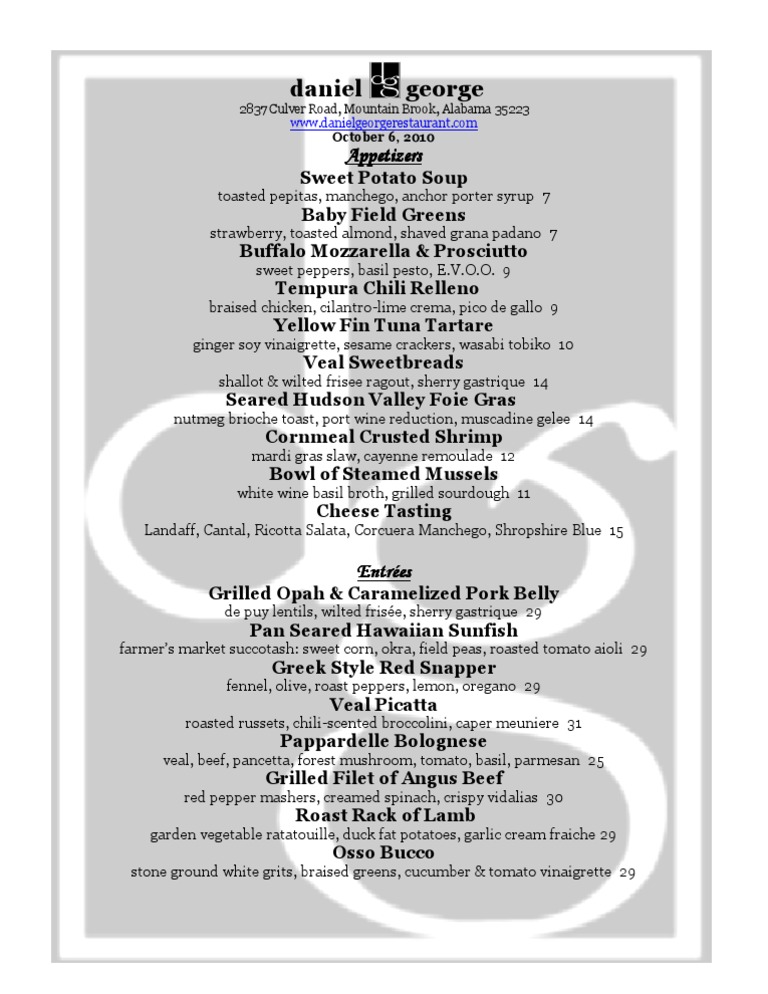 Mountain Brook Restaurant Menu | PDF
