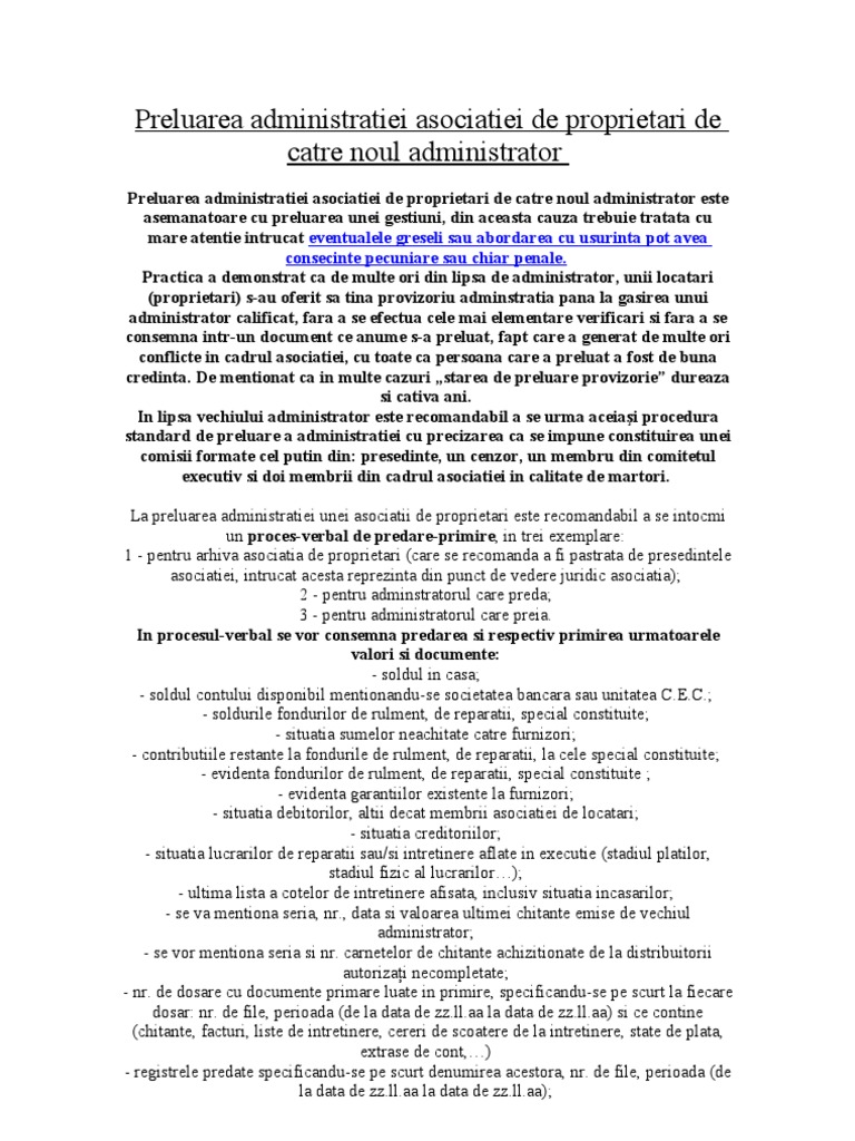 Preluarea Administratiei Asociatiei De Proprietari De Catre Noul Administrator Pdf
